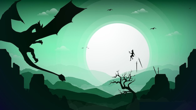 fond de montagne. papier peint fantaisie. sorcière contre dragon. sorcière flottante avec un livre magique à la main.