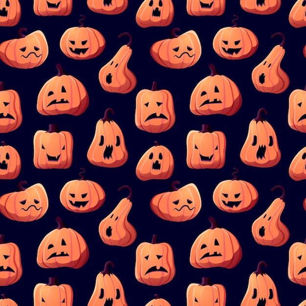 Fond de motif de citrouilles de dessin animé d'Halloween Vector Happy Halloween carte de voeux et tromper ou traiter la conception sans couture de fête de jackolantern avec sculpture de visage maléfique
