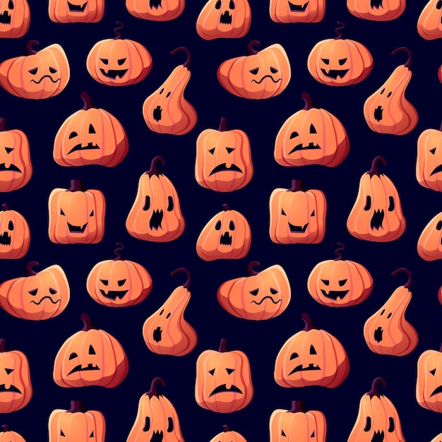 Fond de motif de citrouilles de dessin animé d'Halloween Vector Happy Halloween carte de voeux et tromper ou traiter la conception sans couture de fête de jackolantern avec sculpture de visage maléfique