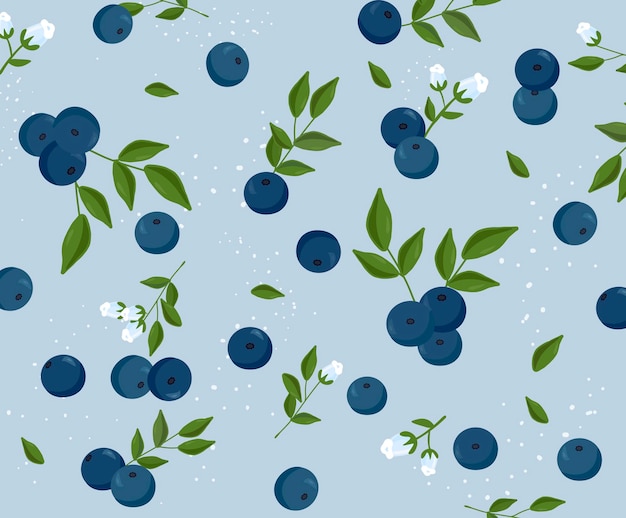 Vecteur fond à motifs doux avec illustration de feuille de fleur de fruit de myrtille ensemble fleur de motif de fruits