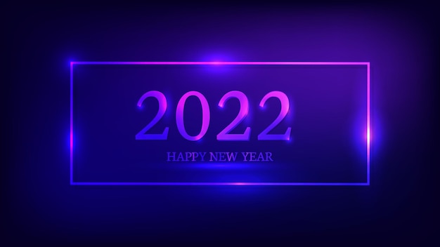 Fond de néon de bonne année 2022. Cadre rectangulaire néon avec effets brillants pour carte de voeux, flyers ou affiches de vacances de Noël. Illustration vectorielle