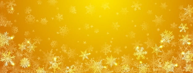 Vecteur fond de noël de beaux flocons de neige complexes, grands et petits, en couleurs jaunes, illustration d'hiver avec chutes de neige