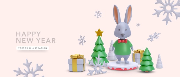 Fond De Noël Et Du Nouvel An Avec Piédestal Réaliste De Cadeaux D'arbres De Noël Avec Lapin Et Flocons De Neige Illustration Vectorielle