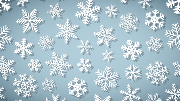 Fond de Noël de flocons de neige de différentes formes et tailles avec des ombres Blanc sur bleu clair