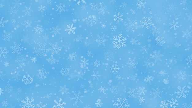 Fond De Noël De Flocons De Neige De Différentes Formes, Tailles Et Transparence Dans Des Couleurs Bleu Clair