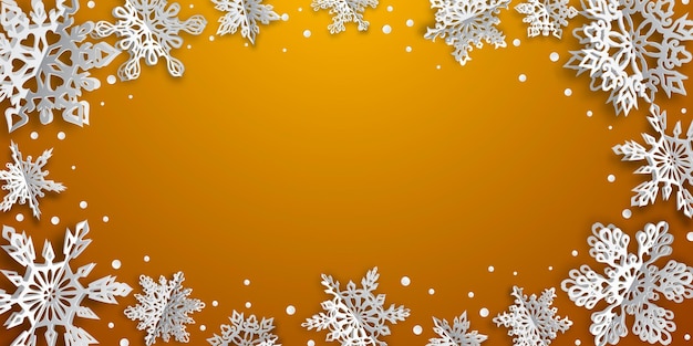 Fond de Noël avec des flocons de papier de volume avec des ombres douces sur fond orange