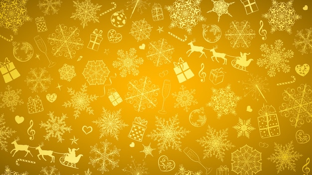 Fond de Noël de grands et petits flocons de neige et divers symboles de Noël, blanc sur doré