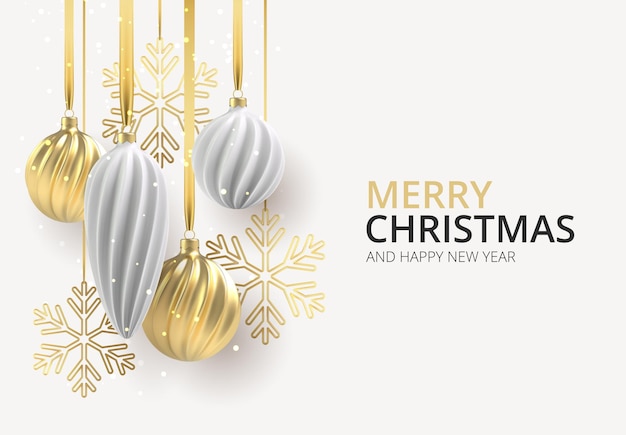 Fond de Noël avec des jouets d'arbre de Noël de blanc et d'or, des boules en spirale et des flocons de neige sur fond horizontal blanc, avec l'inscription Noël.