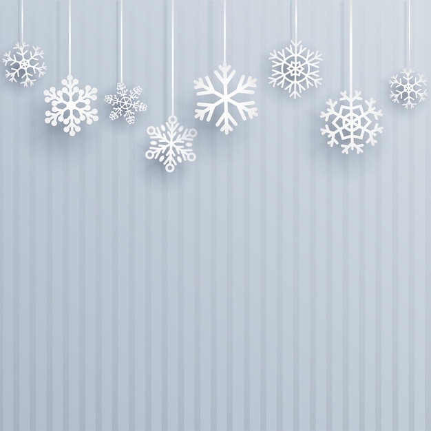 Fond De Noël Avec Plusieurs Flocons De Neige Suspendus Sur Fond Rayé Bleu Clair