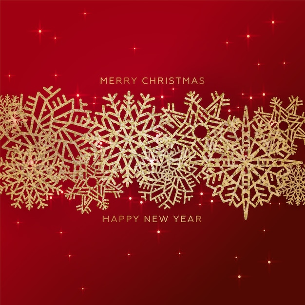 Fond de Noël rouge avec bordure faite de flocons de neige confettis scintillants d'or