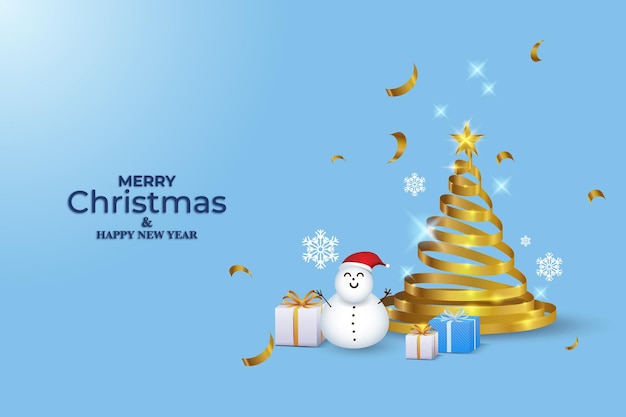 Fond De Noël Avec Ruban D'or De Bonhomme De Neige Et Décorations De Boîte-cadeau