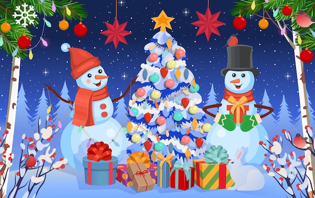 Fond De Noël Avec Sapin De Bonhommes De Neige Et Cadeauxforêt D'hiver En Hiver