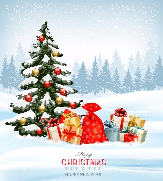Fond De Noël De Vacances Avec Un Sac Plein De Coffrets Cadeaux Et Arbre De Noël.