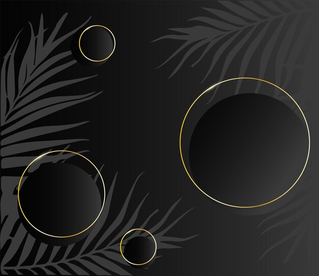 Vecteur un fond noir avec un cercle doré et des feuilles de palmier.