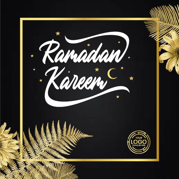 Un fond noir avec des feuilles d'or et les mots ramadan kareem.