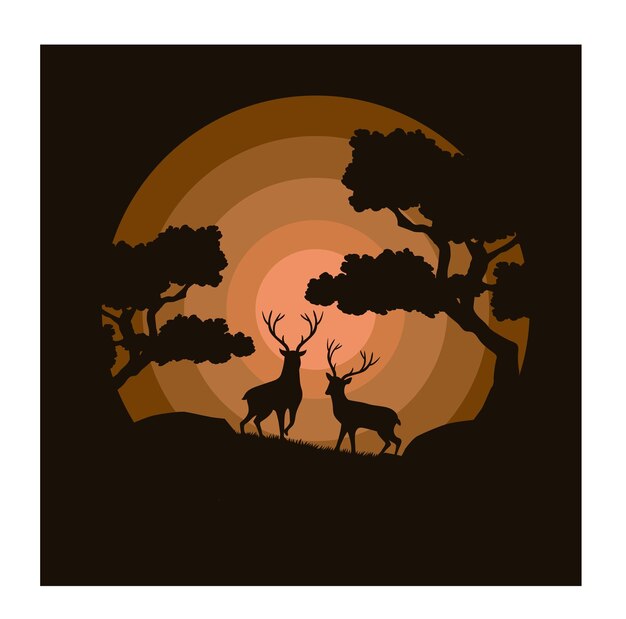 Vecteur un fond noir et orange avec deux cerfs en silhouette.