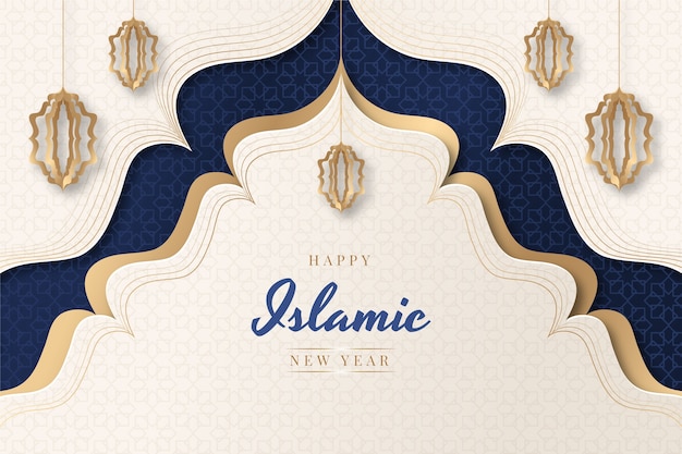 Vecteur fond de nouvel an islamique de style papier avec un design arabe et des lanternes