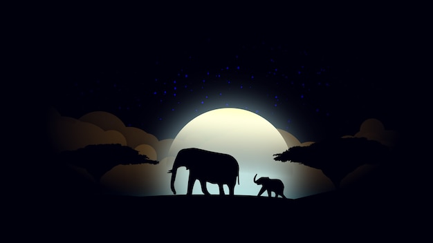 Fond de nuit africaine lunaire avec mère et bébé éléphant