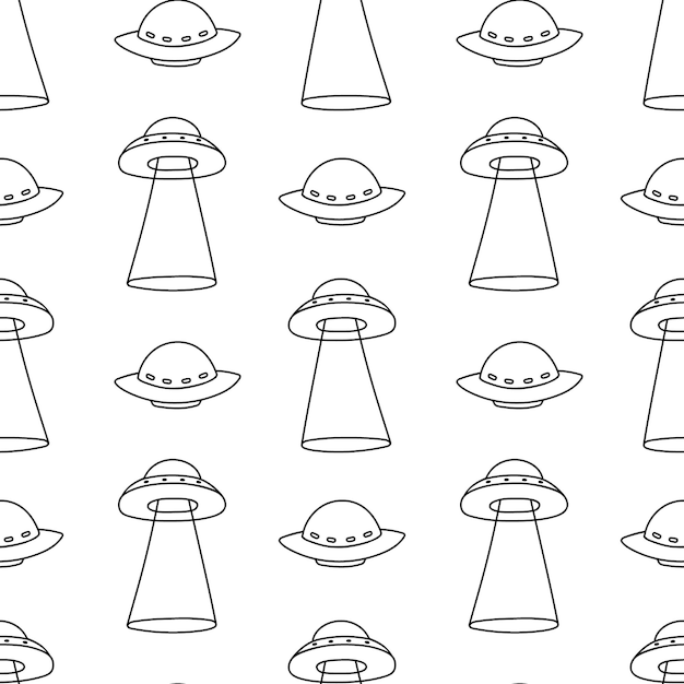 Fond D'ovni Modèle Sans Couture De Soucoupes Volantes Dans Le Style Doodle Illustrations De Contour Pour Enfants Avec Des Vaisseaux Spatiaux Extraterrestres échantillon D'impression Pour Papier Peint En Tissu