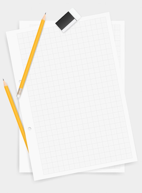 Vecteur fond de papier à dessin blanc avec un crayon et une gomme.