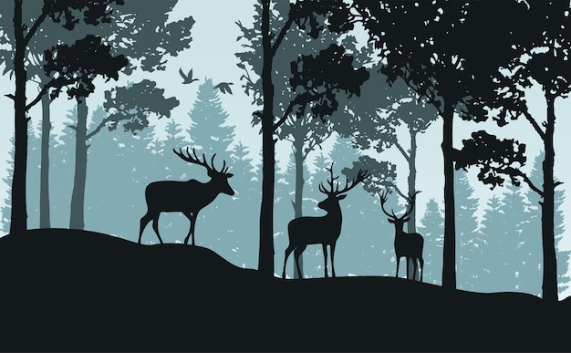 Fond de paysage avec des cerfs de la forêt verte et des oiseaux volants