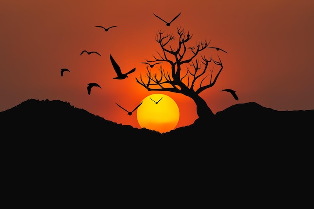 Fond de paysage coucher de soleil avec des arbres et des oiseaux