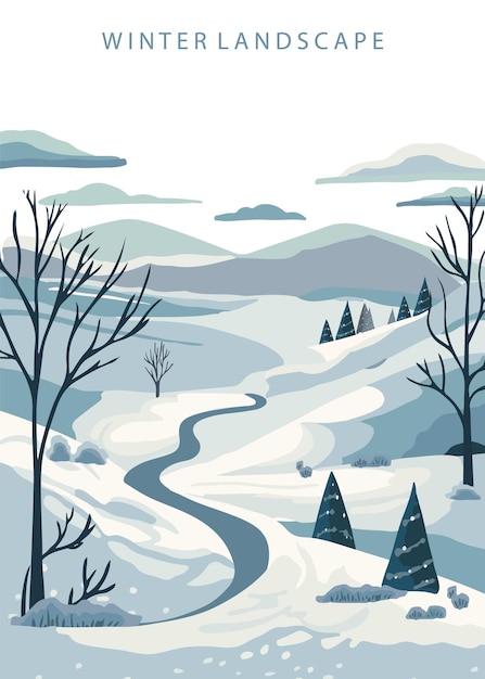 Vecteur fond de paysage d'hiver avec arbre de montagneillustration vectorielle modifiable pour carte postale de taille verticale