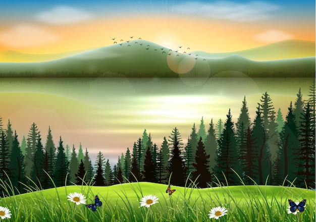 Vecteur fond de paysage de montagne avec lac au coucher du soleil