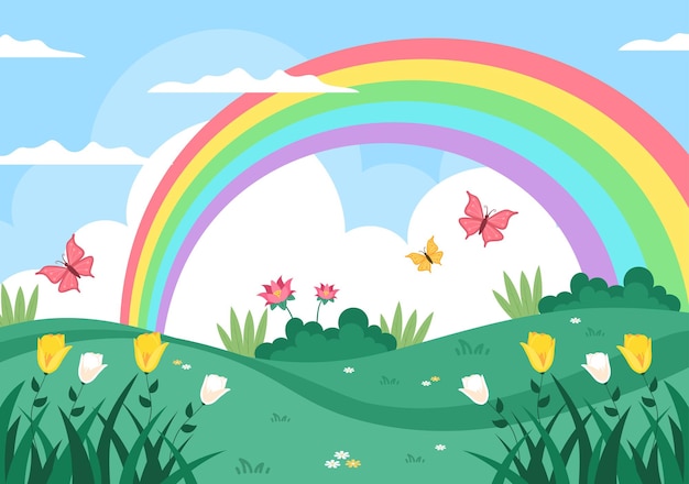 Fond de paysage de printemps avec saison des fleurs, arc-en-ciel et plante pour les promotions, les magazines, la publicité ou les sites Web. Illustration vectorielle de la nature