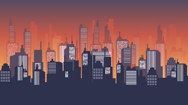 Fond de paysage urbain au crépuscule, au centre-ville, au centre commercial et à l'immeuble d'appartements. Illustration vectorielle de paysage urbain.