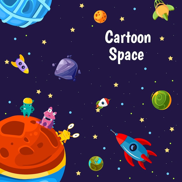 Fond Avec Place Pour Le Texte Avec Les Planètes De L'espace De Dessin Animé Et Jeu De Navire