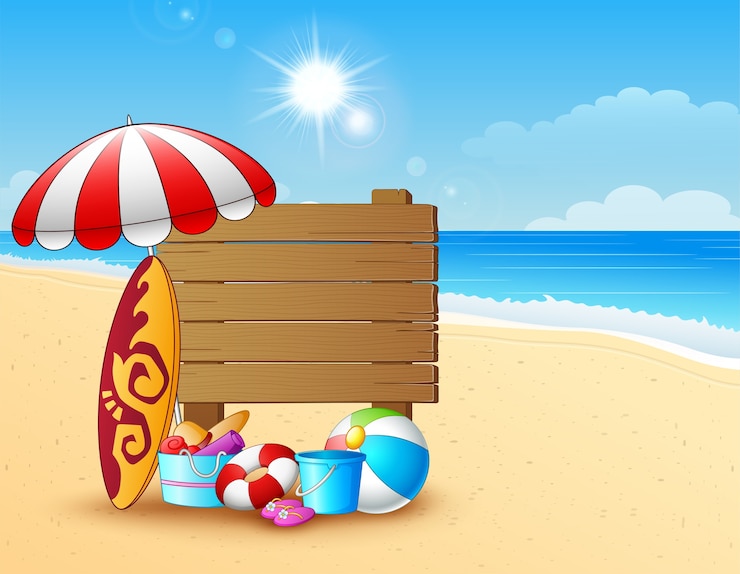Vecteur fond de plage d&#39;été avec panneau en bois