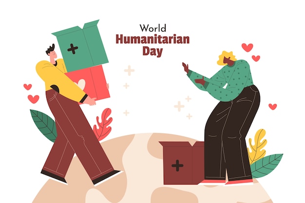 Fond Plat De La Journée Humanitaire Mondiale Avec Des Personnes Manipulant Des Boîtes