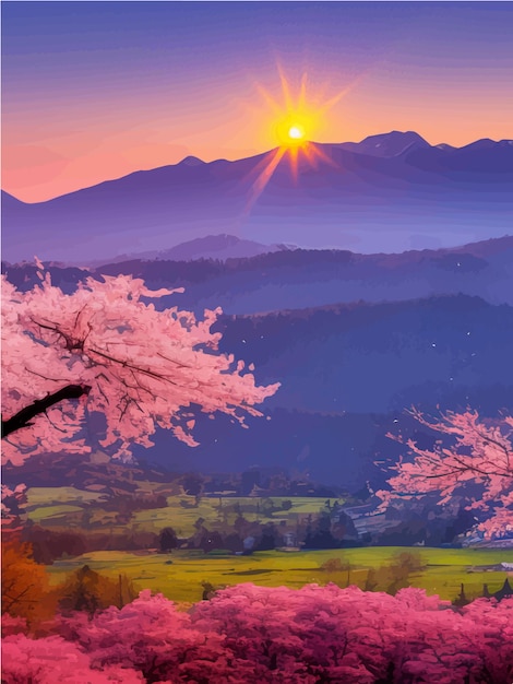 Vecteur fond de printemps oriental avec des collines soleil et des fleurs de sakura de montagne stock jardin japonais