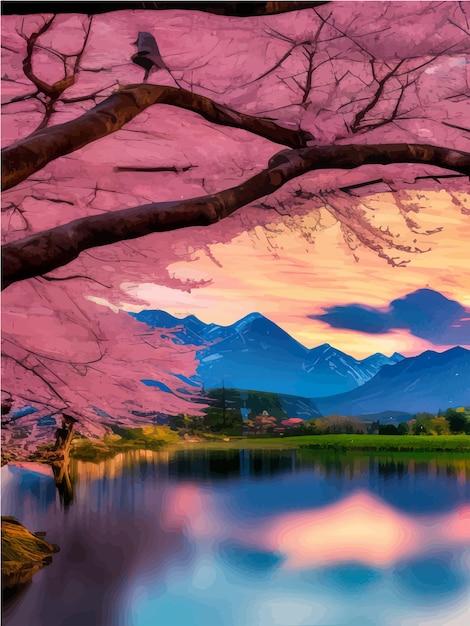 Fond De Printemps Oriental Avec Des Collines Soleil Et Des Fleurs De Sakura De Montagne Stock Jardin Japonais