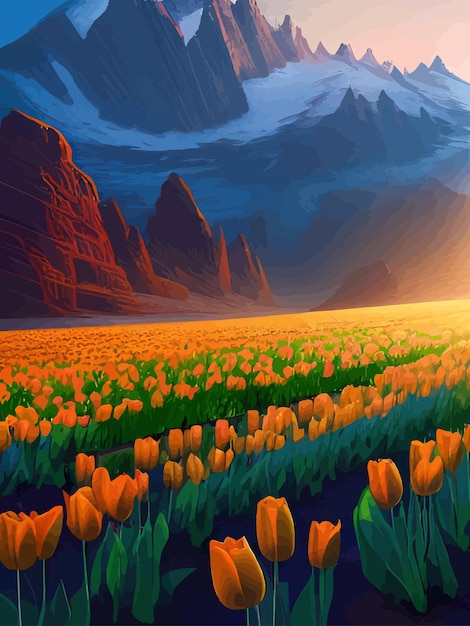 Vecteur fond de printemps vectoriel paysage néerlandais avec champ de tulipes arbres collines montagnes florales verticales