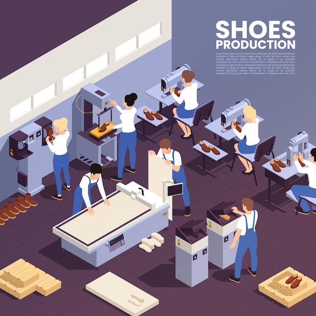 Vecteur fond de production de chaussures avec illustration isométrique de symboles de chaussures