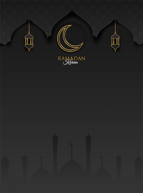 Fond De Ramadan Kareem. Concevoir Avec La Lune, Lanterne Sur Fond D'or Et Noir.
