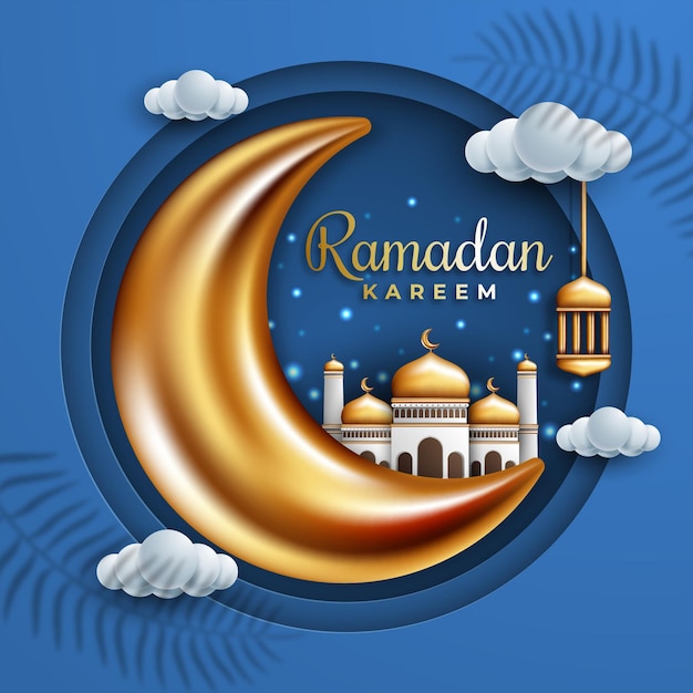 Vecteur fond de ramadan kareem avec lune et lanternes de mosquée d'ornements dorés