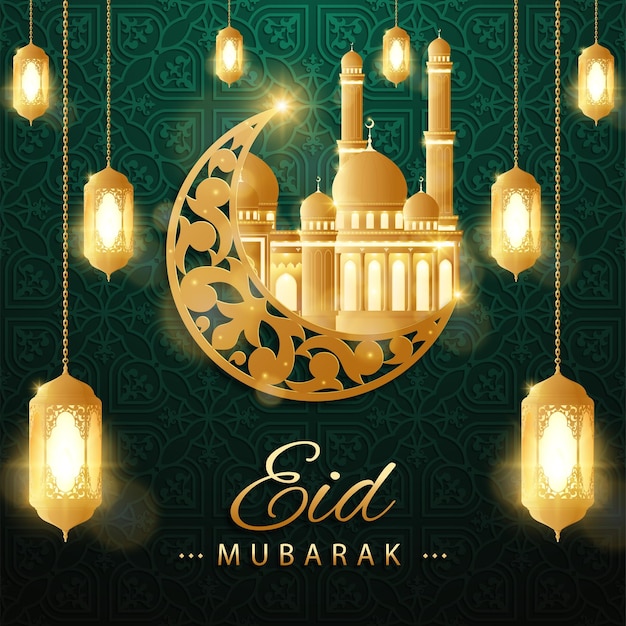 Fond réaliste eid mubarak avec mosquée et lanterne et belle lune