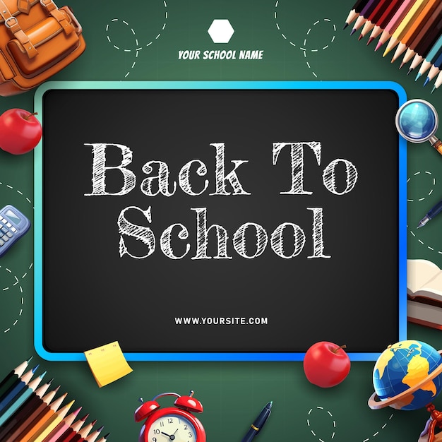 Fond de retour à l'école et bannière avec crayon de sac de livre et beaucoup de choses pour les enfants