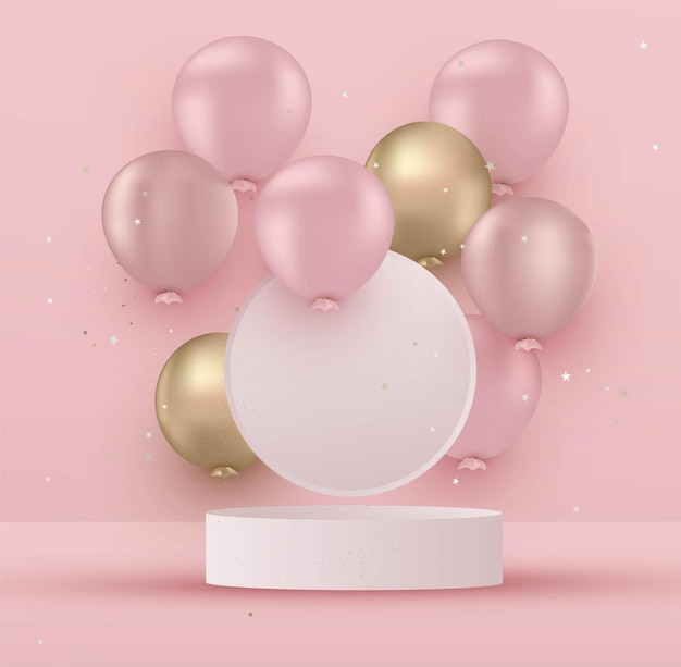 Fond rose avec des ballons Présentation du produit avec socle