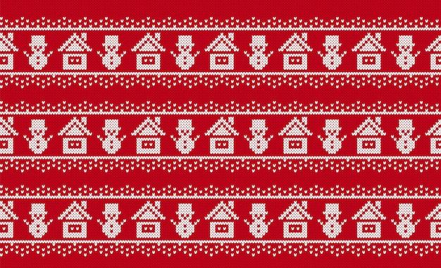 Fond Rouge De Noël Avec Maison Et Bonhomme De Neige Bordure Sans Couture En Tricot Motif Géométrique De Noël Imprimé Pull En Tricot