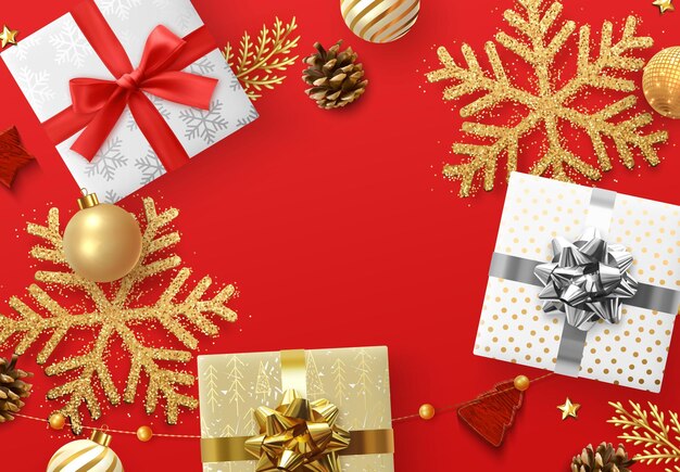 Fond rouge de Noël. Objets de décoration festive de Noël. Éléments de conception réalistes. Modèle de vacances joyeux Noël et bonne année. carte de voeux, affiche. vue de dessus plat. illustration vectorielle