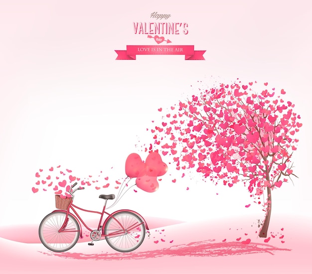 Fond De La Saint-valentin Avec Un Arbre En Forme De Coeur Et Un Vélo.