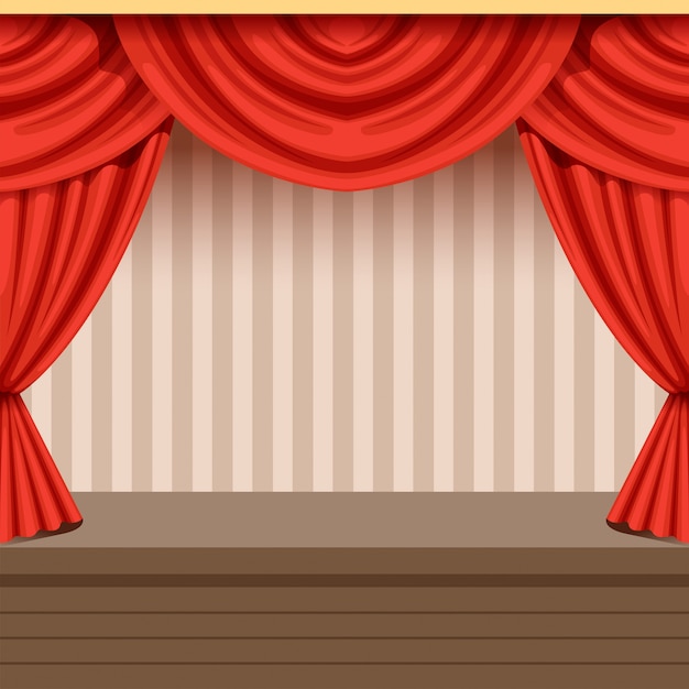 Vecteur fond de scène de théâtre rétro avec rideau rouge et fond rayé. scène en bois avec draperie et lambrequins. illustration intérieure.