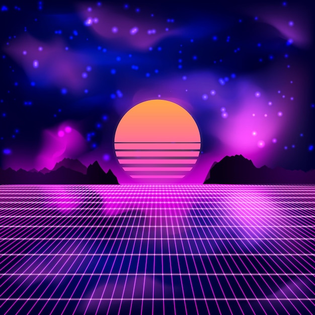 Vecteur fond scifi rétro des années 80 avec lever ou coucher de soleil illustration de vague rétro de synthé futuriste vectoriel dans le style des affiches des années 1980 convient à toute conception d'impression dans le style des années 80