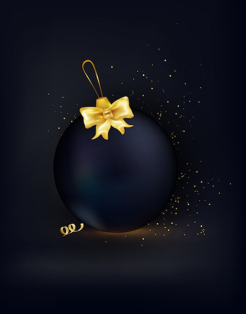 Fond Sombre. Boule De Noël Noire, Lumières, Confettis Dorés. Vecteur.