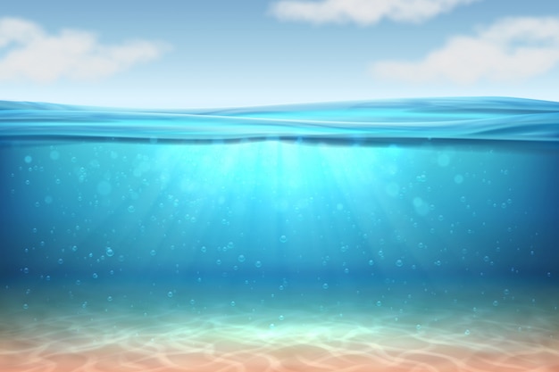 Fond sous-marin réaliste. Océan eau profonde, mer sous le niveau de l'eau, rayons de soleil horizon des vagues bleues.