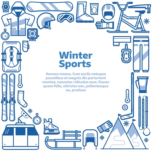 Fond de sports d'hiver avec des éléments de jeux de neige en cercle avec un espace pour le texte Carte de cadre de bordure d'activités d'hiver avec équipement de ski de snowboard et autres icônes dans la conception d'art en ligne